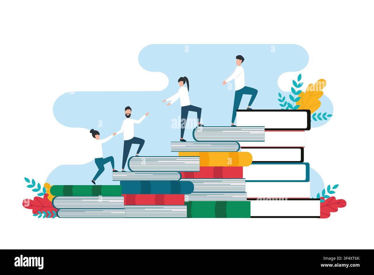People Going Up The Book Stack Stairs, White Background, Illustration Stock Vector