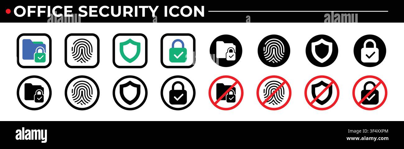 Office Security Icon Set Collection, Fingerprint, Shield, Lock, Secure Folder, Privacy Protection Vector Icons Stock Vector