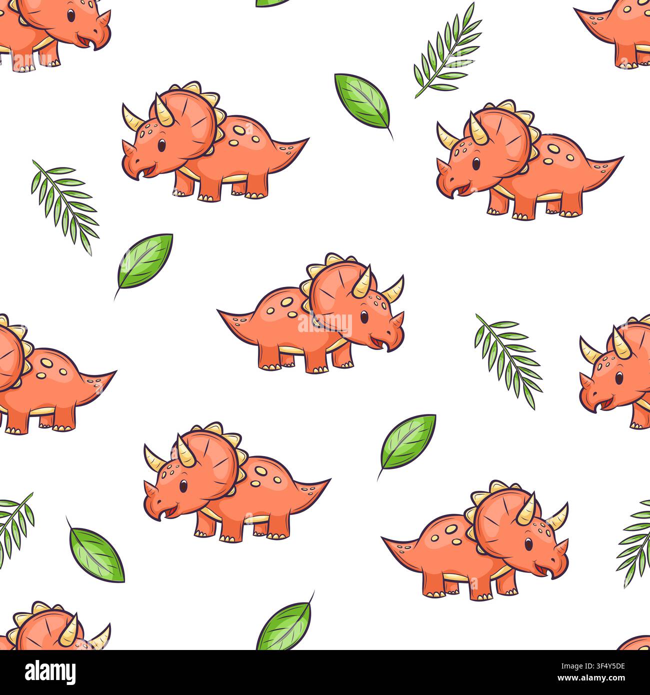 A seamless pattern featuring cute triceratops and leaves Stock Vector