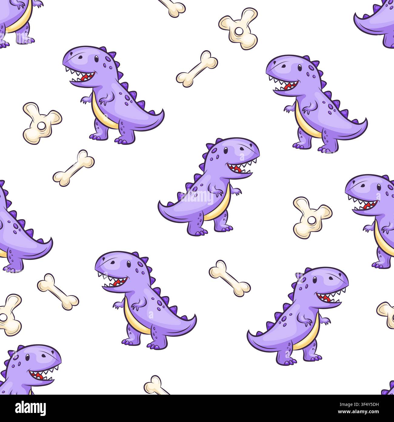 A seamless vector pattern featuring purple TRex dinosaurs and bones Stock Vector