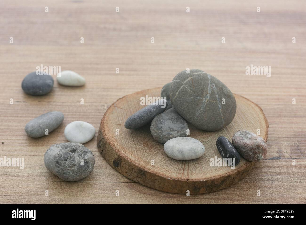 Natural sea pebbles pile on round wooden slice background. Stock Photo