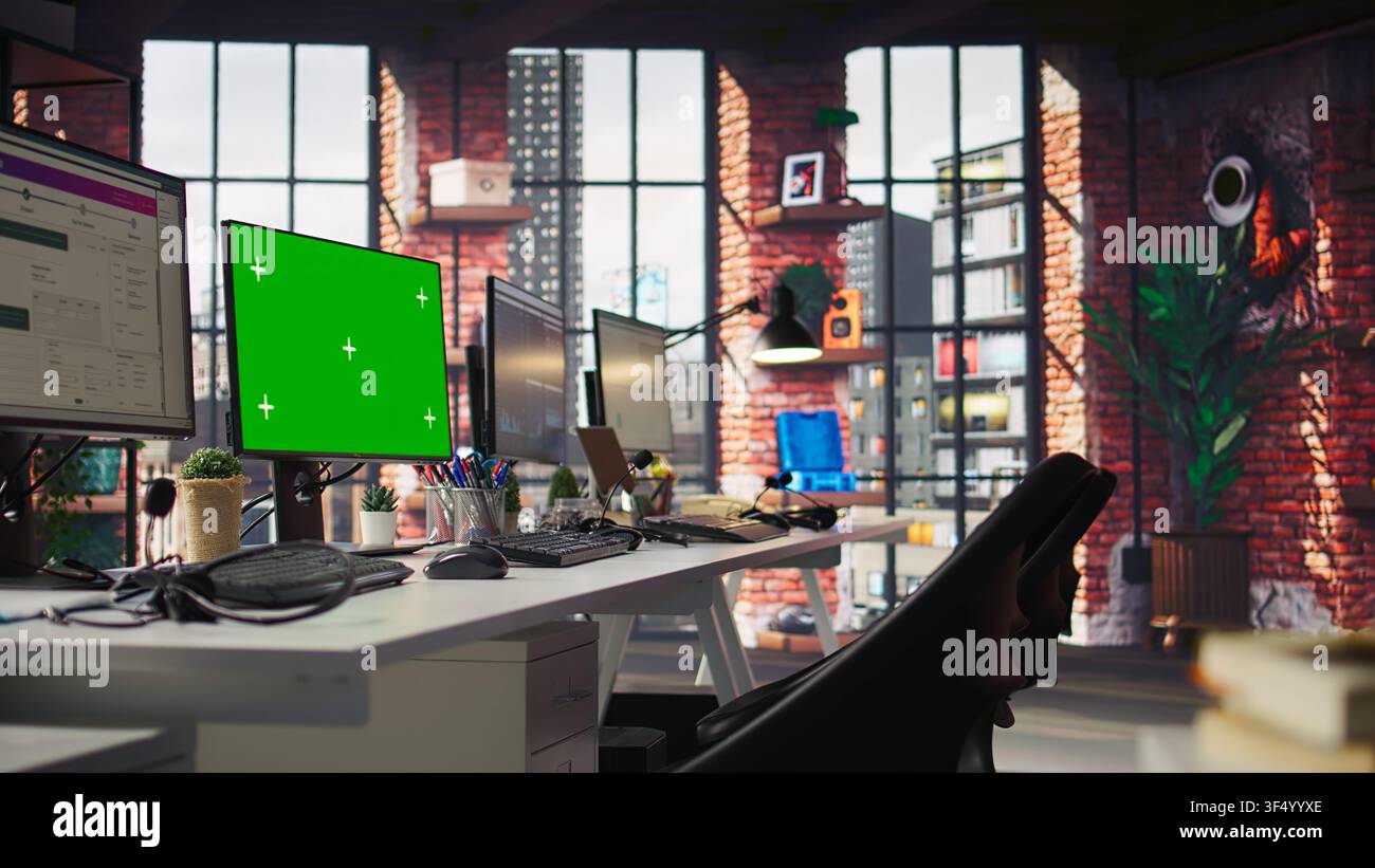 Chroma key computer displays in empty office showing analytics dashboards and data graphs. Office workspace with green screen PCs showing digital data visualization, panning shot Stock Photo