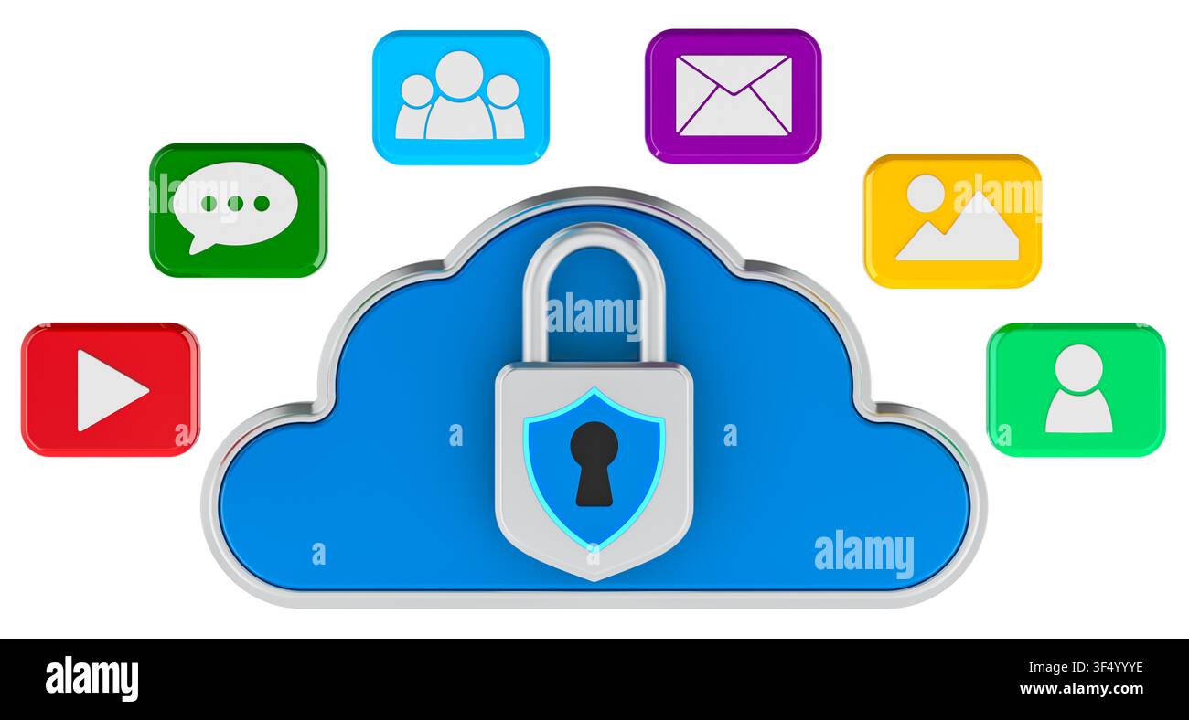 Secure cloud storage with padlock and digital content icons. 3D rendering isolated on white background Stock Photo