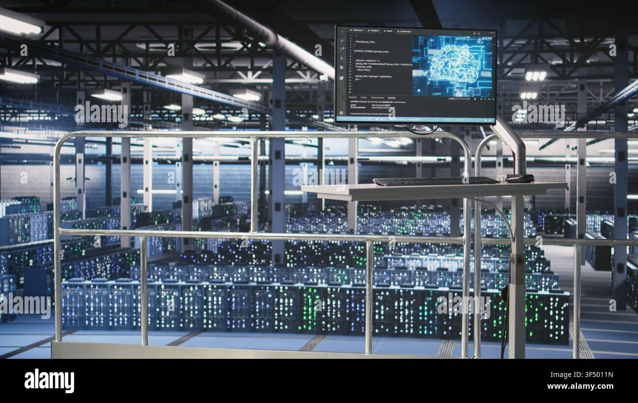 Automated infrastructure workstation on industrial platform inside server hub showing AI machine learning scripts. Computer in data center displaying neural network activity Stock Photo
