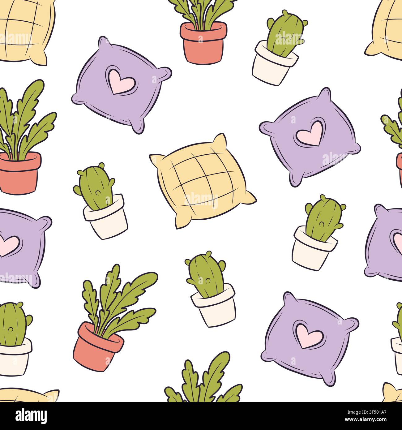 A vector seamless pattern featuring cushions and potted plants Stock Vector
