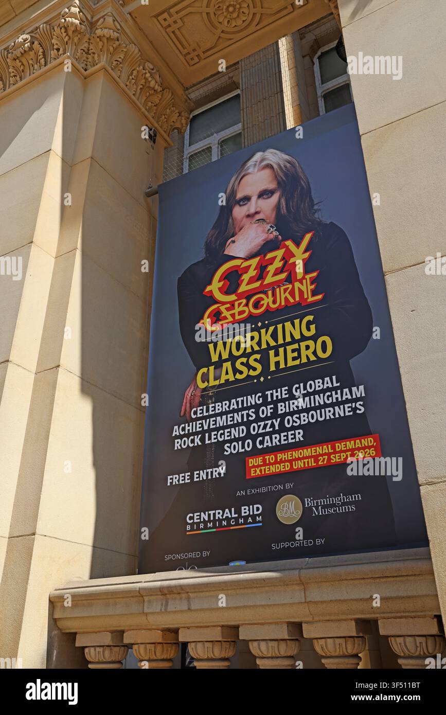 Ozzy Osbourne Working Class Hero exhibition banner on Birmingham Museum & Art Gallery, celebrating the Black Sabbath frontman Stock Photo