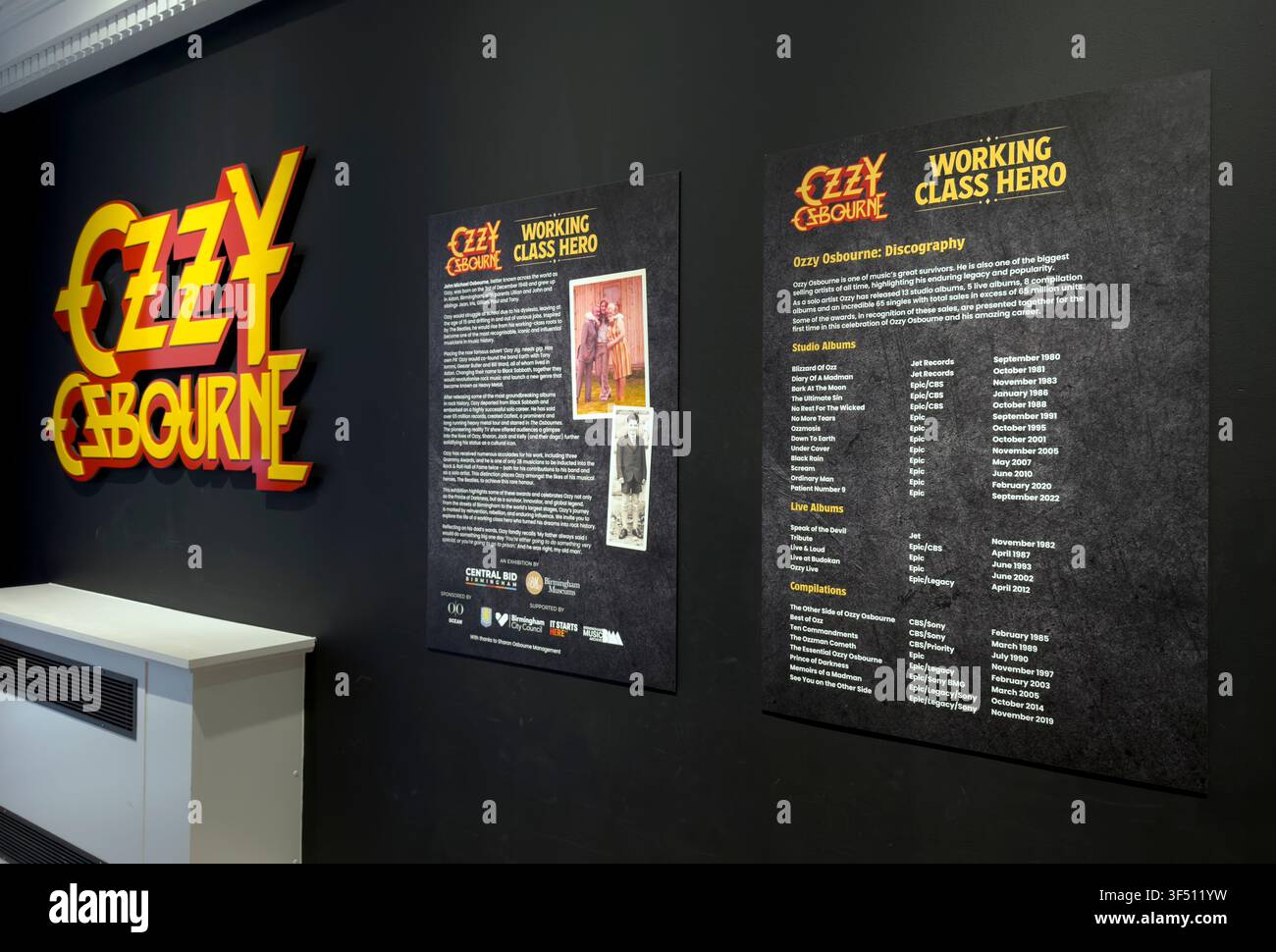 Working Class Hero exhibition entrance in Birmingham, contrasting Ozzy Osbourne's working-class Aston roots with global celebrity and wealth Stock Photo