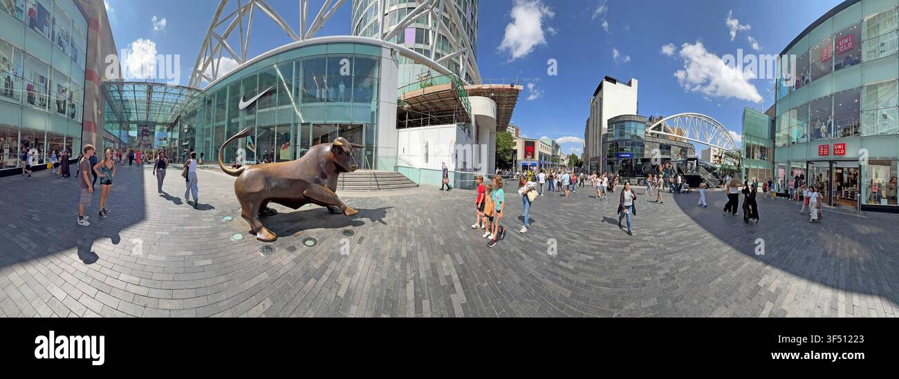 Panorama outside the Birmingham Bullring shopping centre, with bronze bull, on a Sunny summers day, city centre retail, busy with shoppers Stock Photo