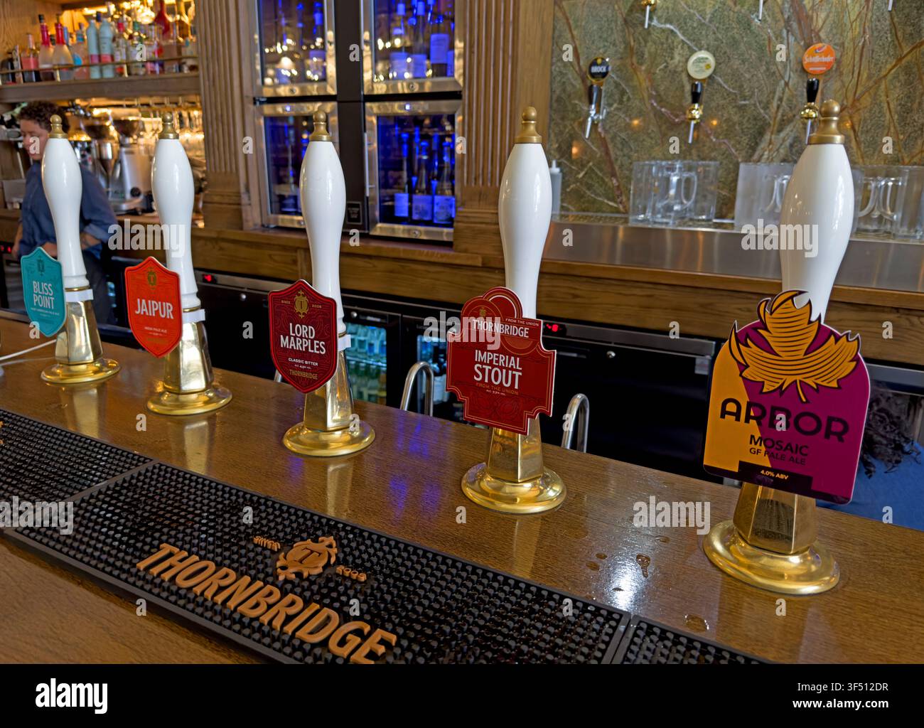 five cask beers visible on the handpulls at The Colmore, Thornbridge’s Birmingham pub - incl Jaipur – IPA Thornbridge Lord Marples – TEA Stock Photo