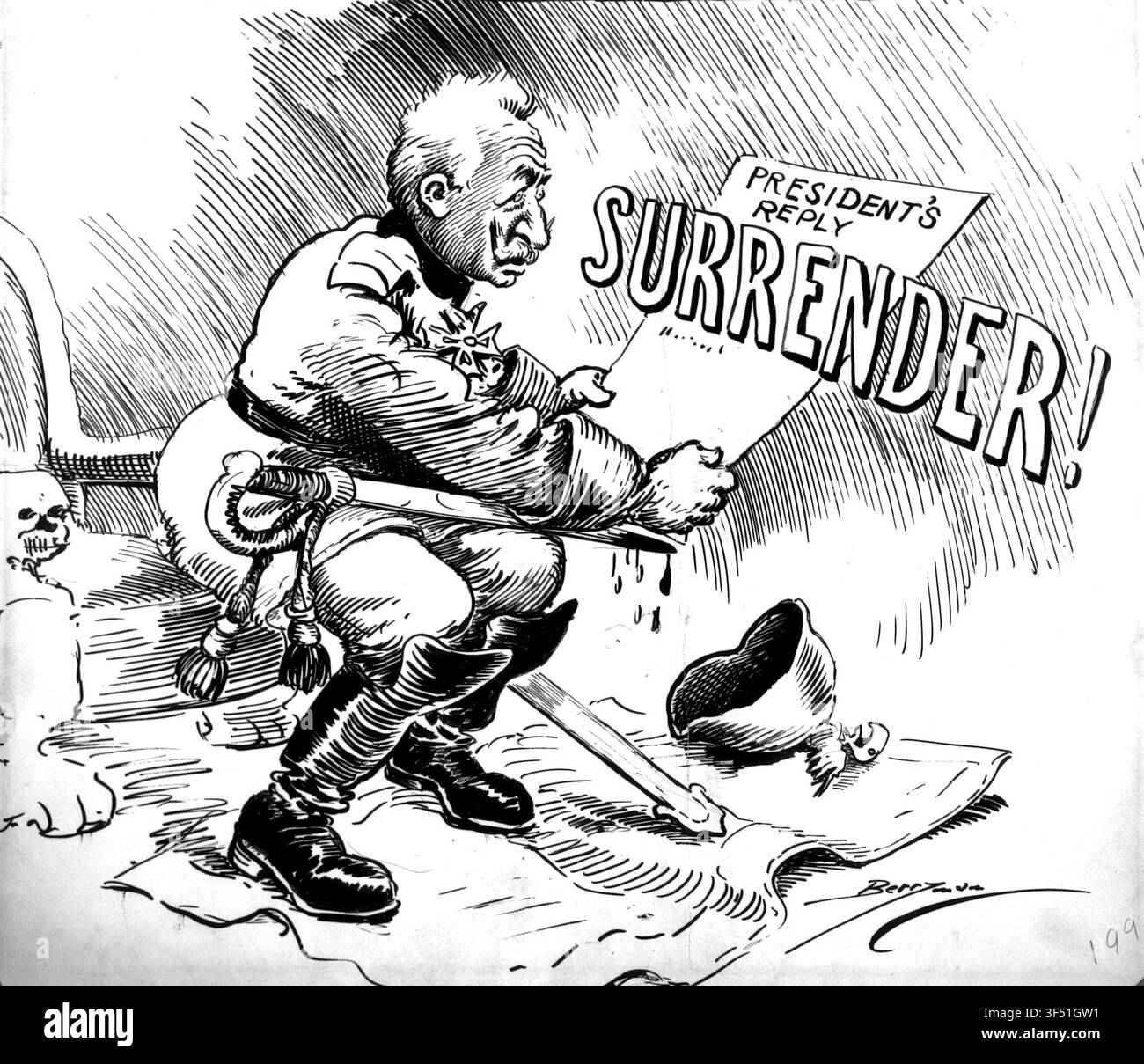 No Choice but Unconditional Surrender, a political cartoon by Berryman, from the Records of the U.S. Senate, referencing the policy of unconditional surrender during World War II, a concept advocated. Stock Photo