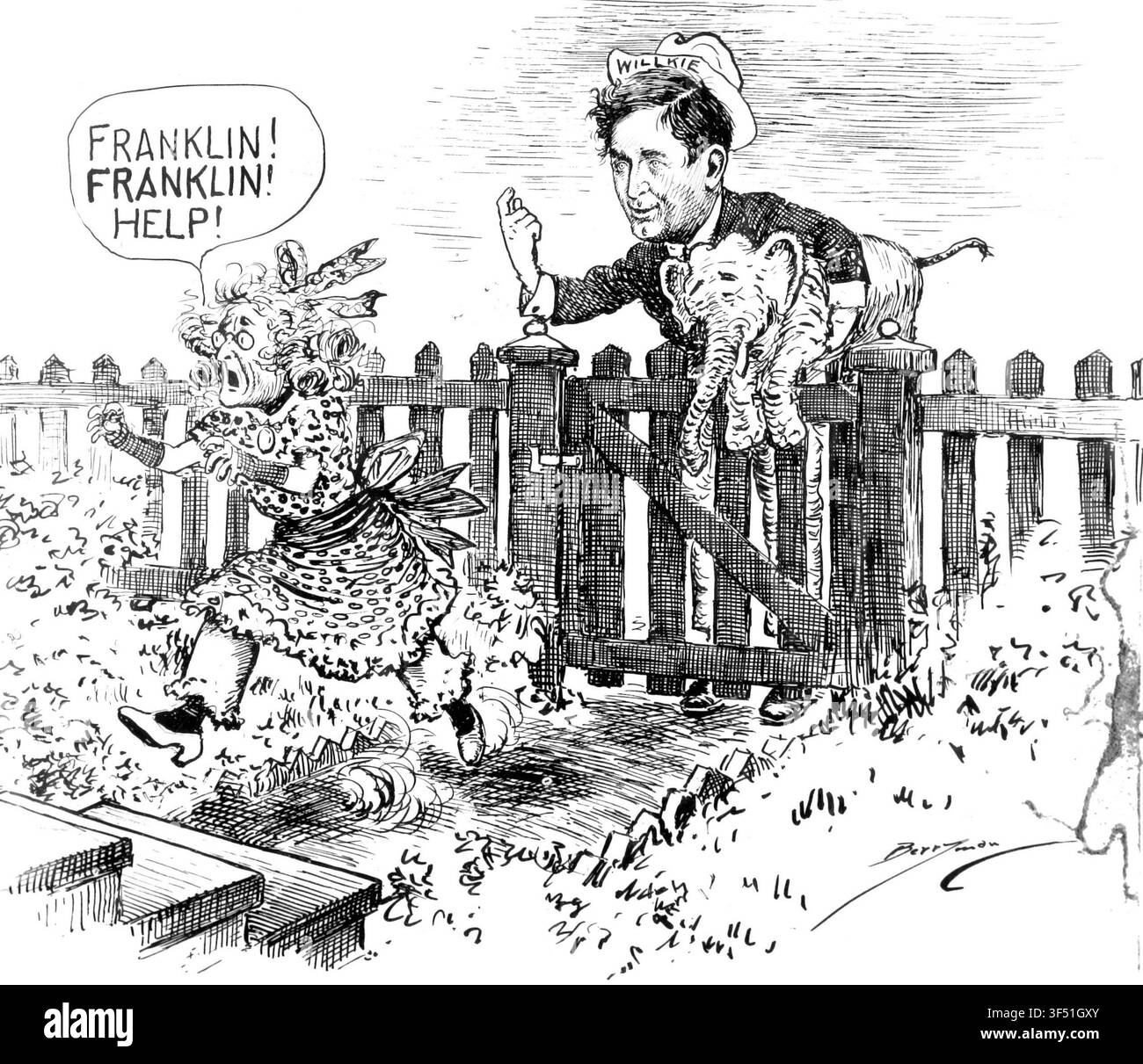 Miss Democracy, a symbol of the United States, in a cartoon by Clifford Berryman, an American cartoonist, calling for help from Franklin D. Roosevelt, the 32nd President of the United States. Stock Photo