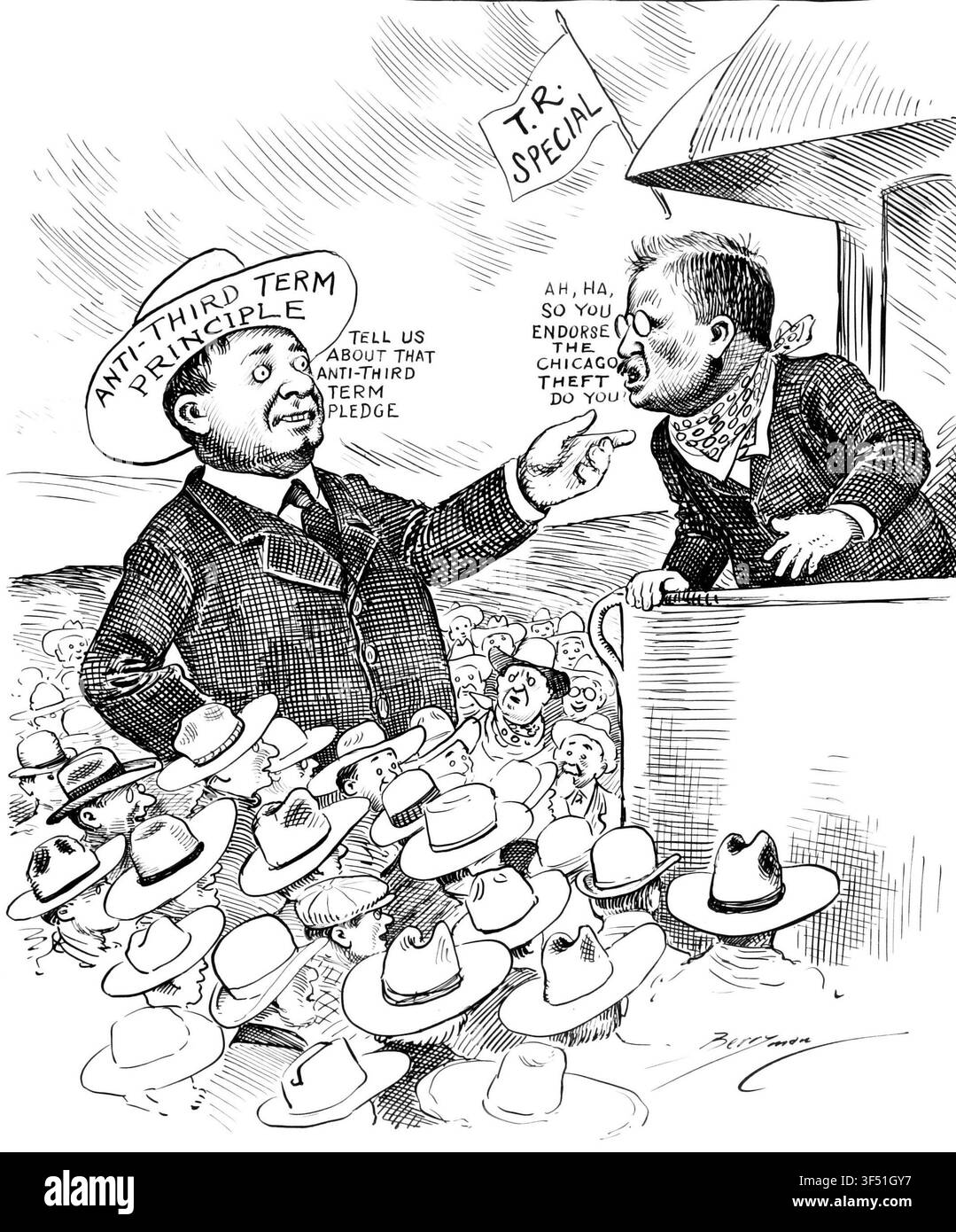 Rooseveltian Repartee, a political cartoon from the Records of the U.S. Senate, created by Berryman, featuring an unidentified scene related to the presidency of Theodore Roosevelt or Franklin D. Roosevelt. Stock Photo