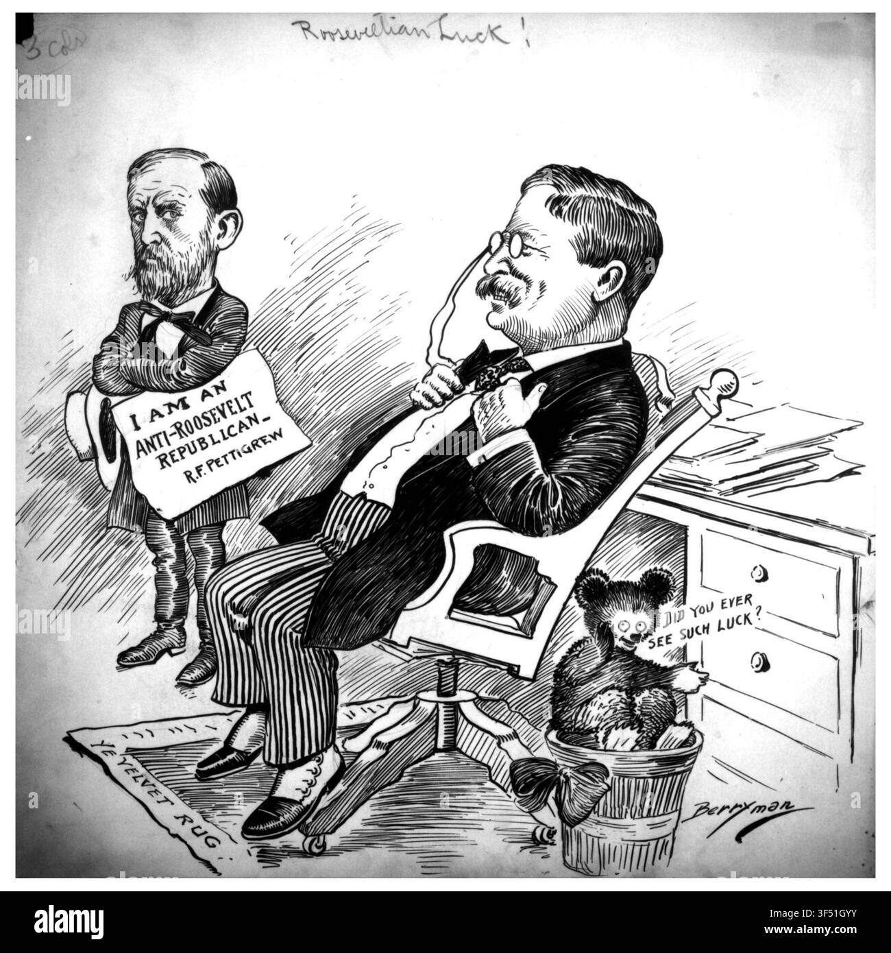 Rooseveltian Luck!, a political cartoon from the Records of the U.S. Senate, created by Berryman, referencing the political fortunes of a U.S. President, likely Theodore Roosevelt or Franklin D. Roosevelt. Stock Photo