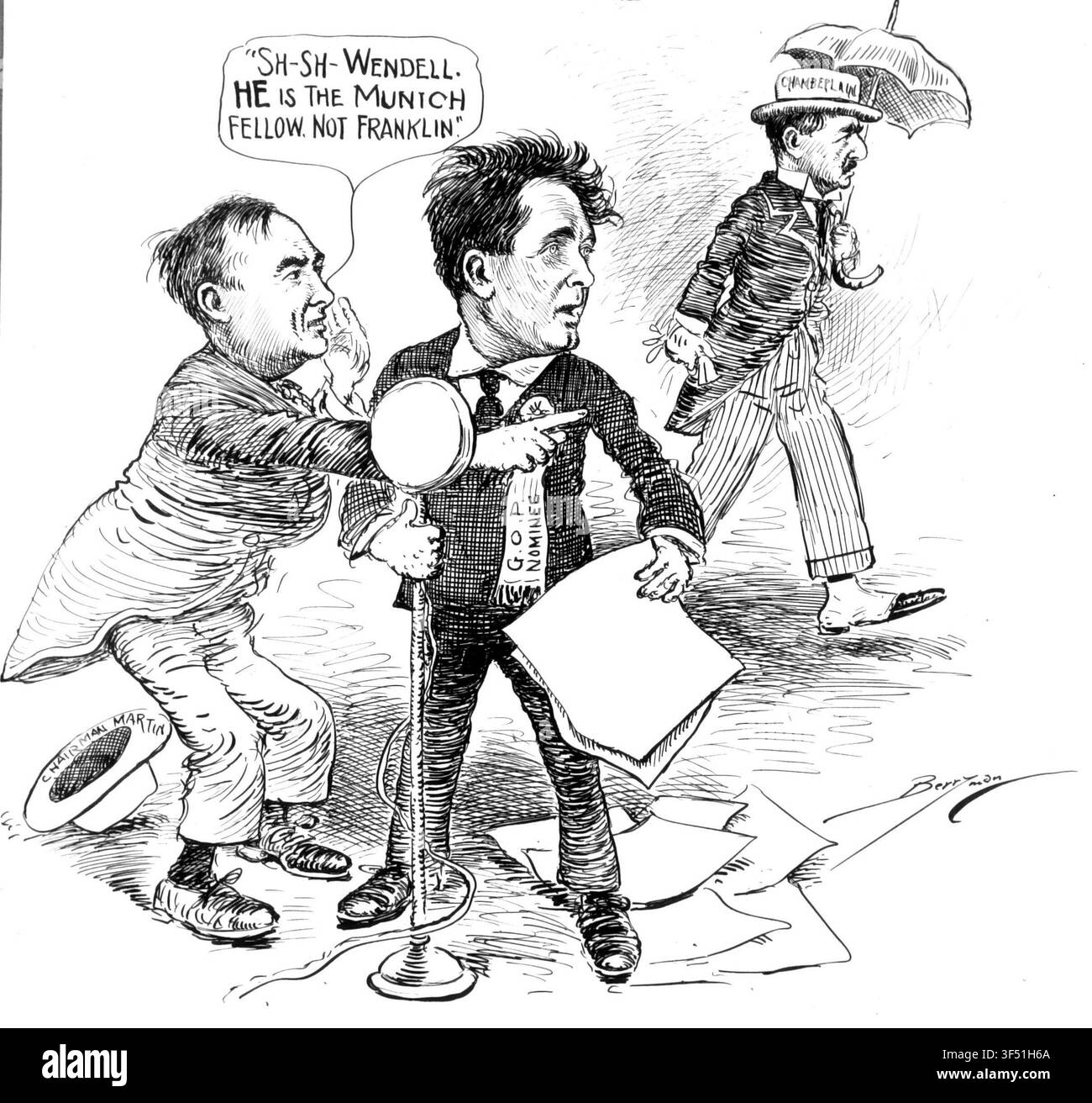 The Wilkie-Roosevelt campaign, with Wendell Willkie at a microphone, in a cartoon from the Records of the U.S. Senate, created by Clifford Berryman, an American political cartoonist. Stock Photo