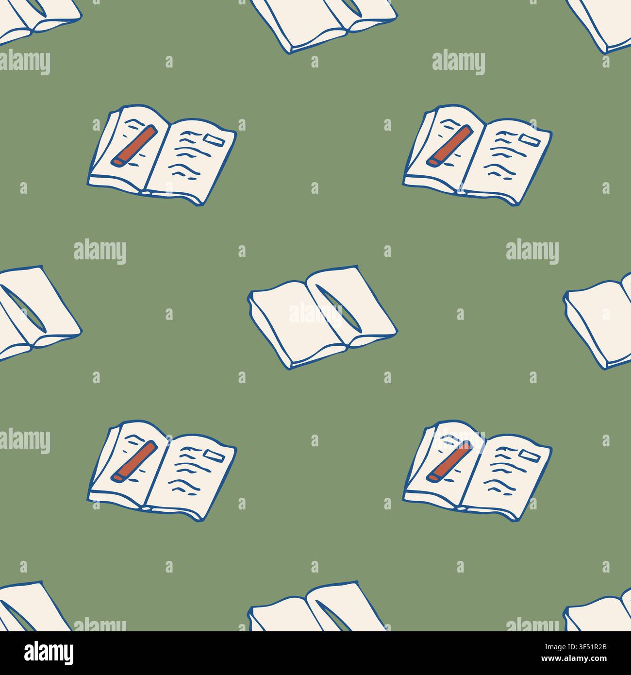 Hand drawn open books seamless pattern on green background vector doodle illustration Stock Vector