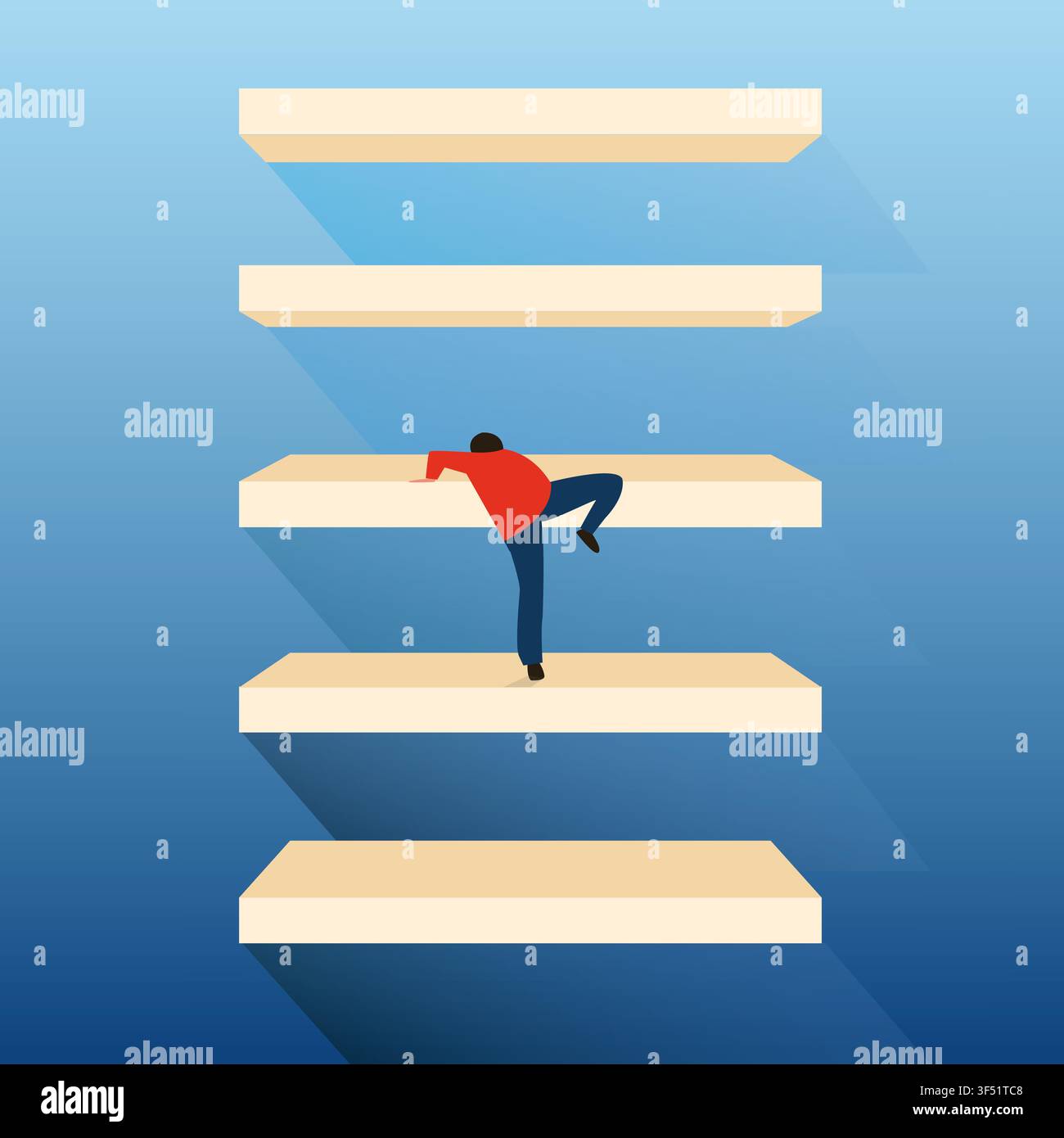 Man Climbing Up Ladder Steps On Blue Background, Square, Vector Stock Vector
