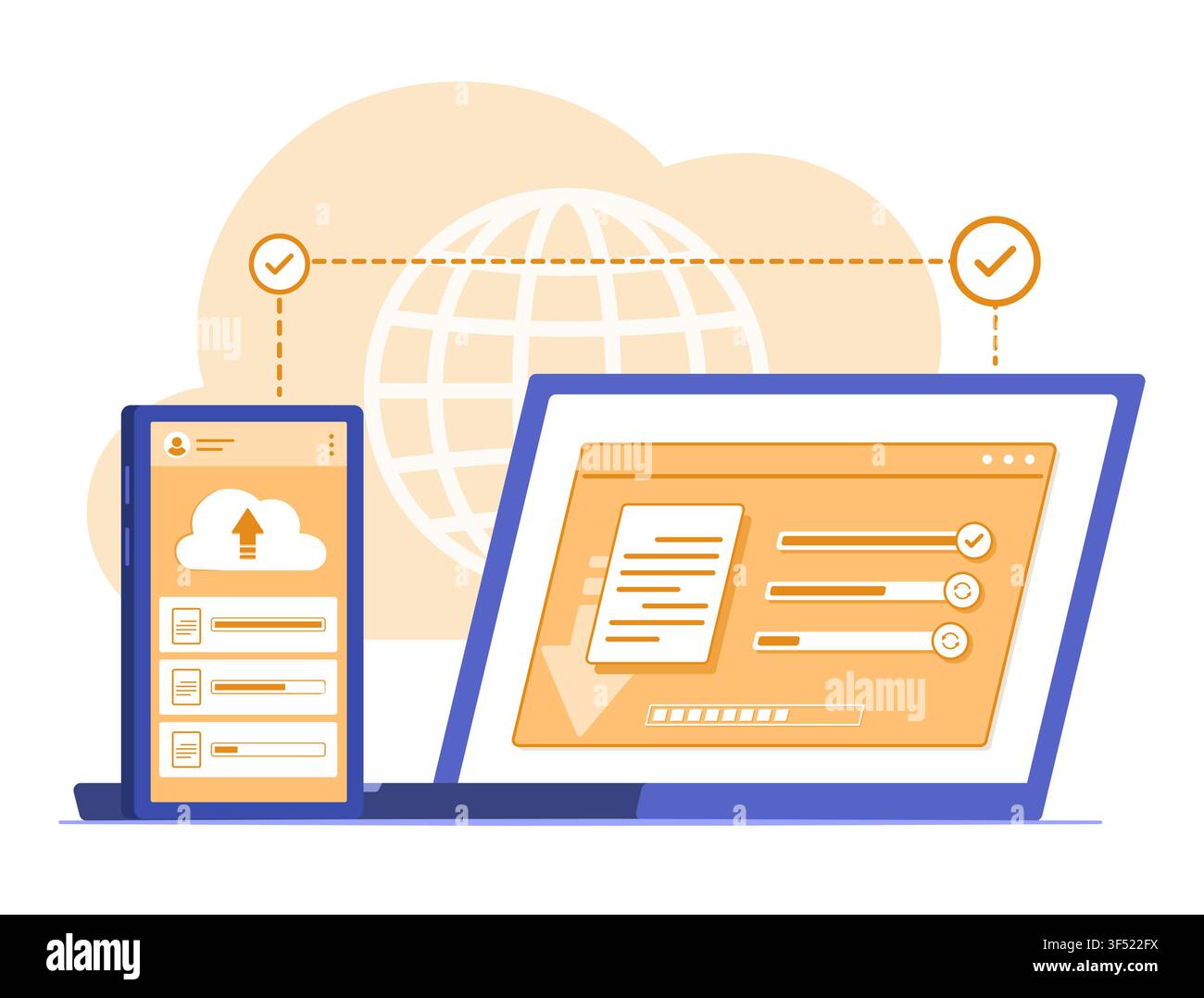 Laptop Computer Syncing Data Files with Smartphone for Wireless Connection and Cloud Computing Technology Concept Illustration Stock Vector