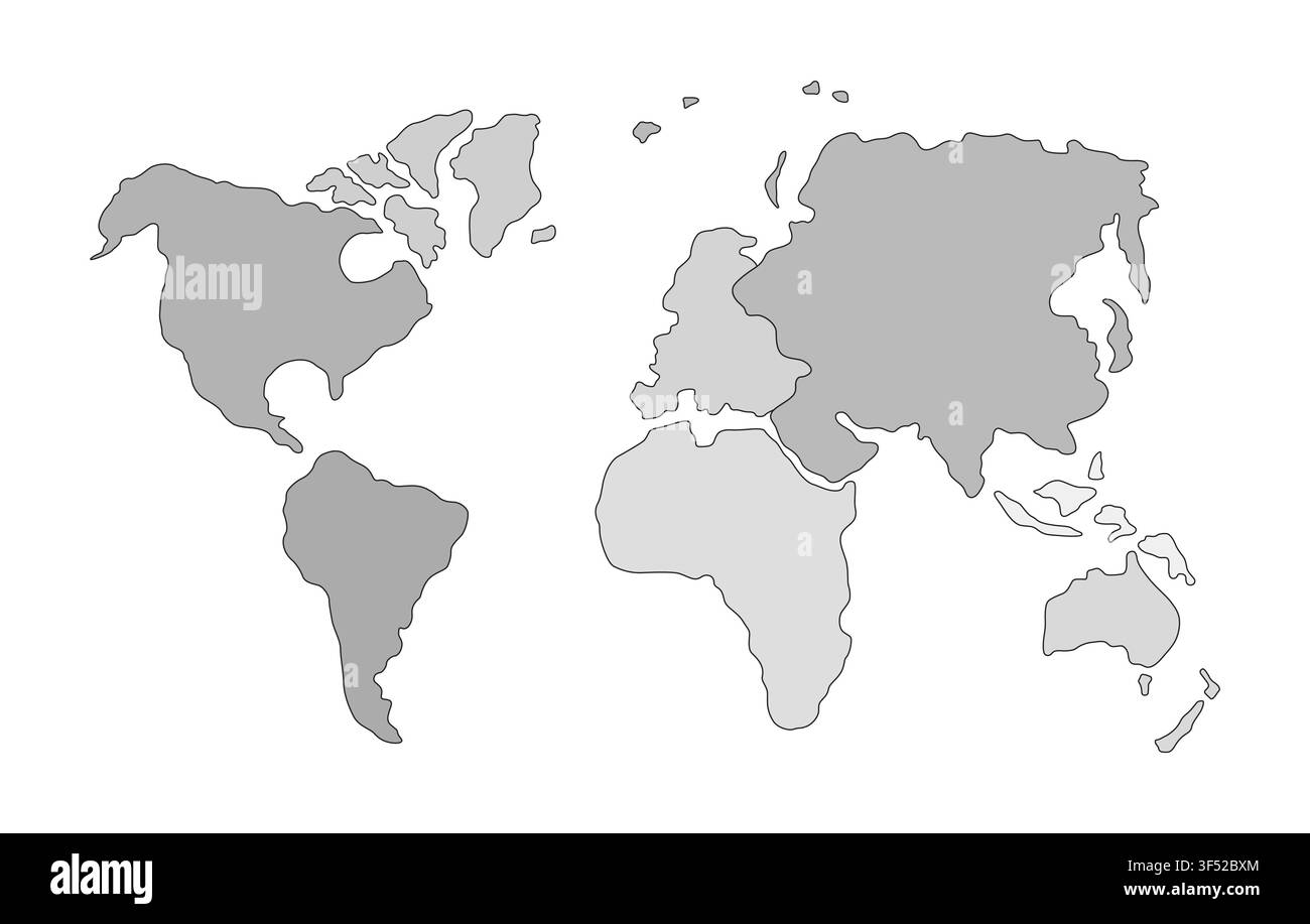 World continents map flat grayscale line illustration Stock Vector