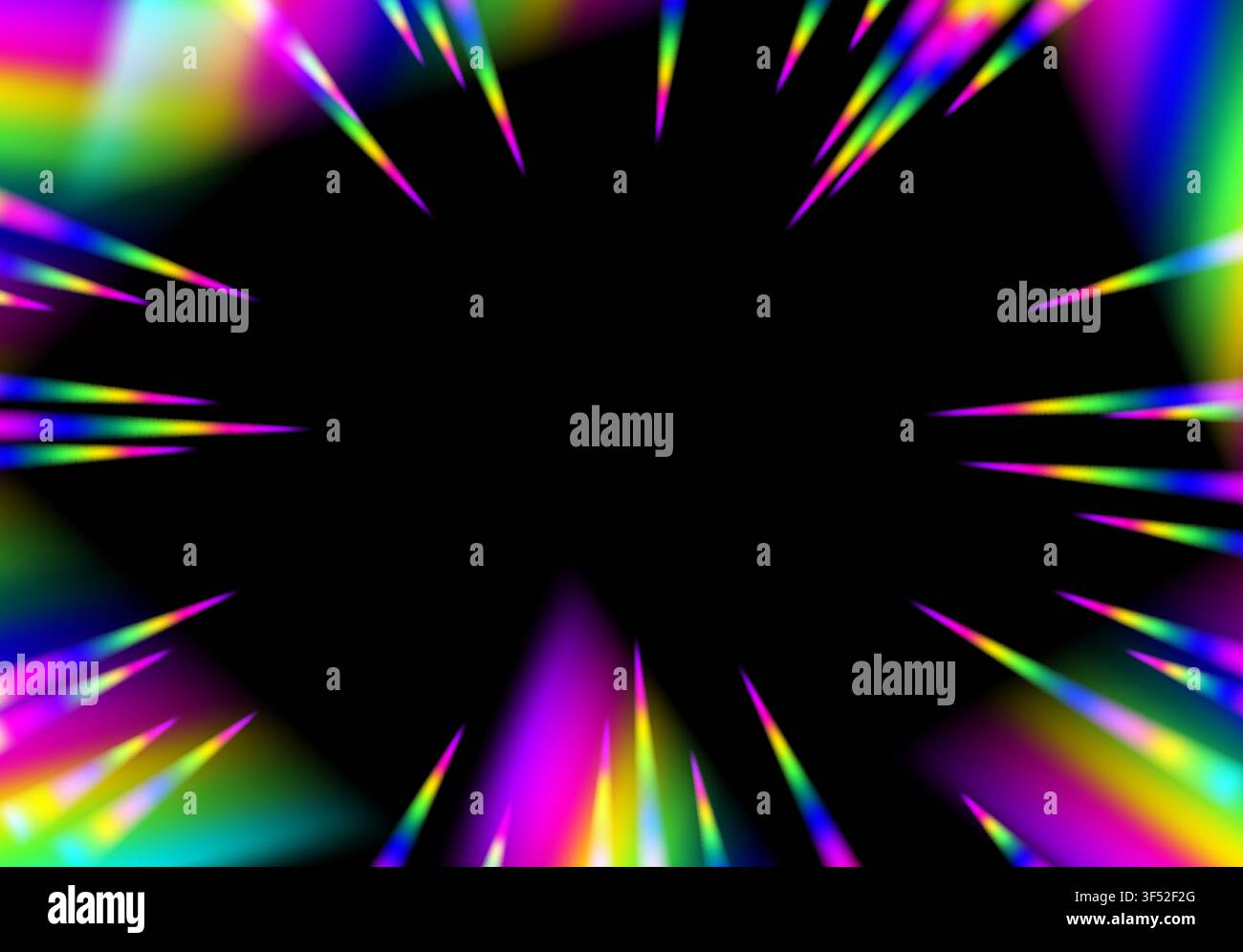 Bright rainbow colored speed lines exploding outward from a dark central void Stock Vector