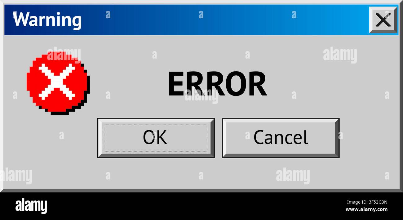 Retro computer warning popup window displaying generic error message with buttons Stock Vector