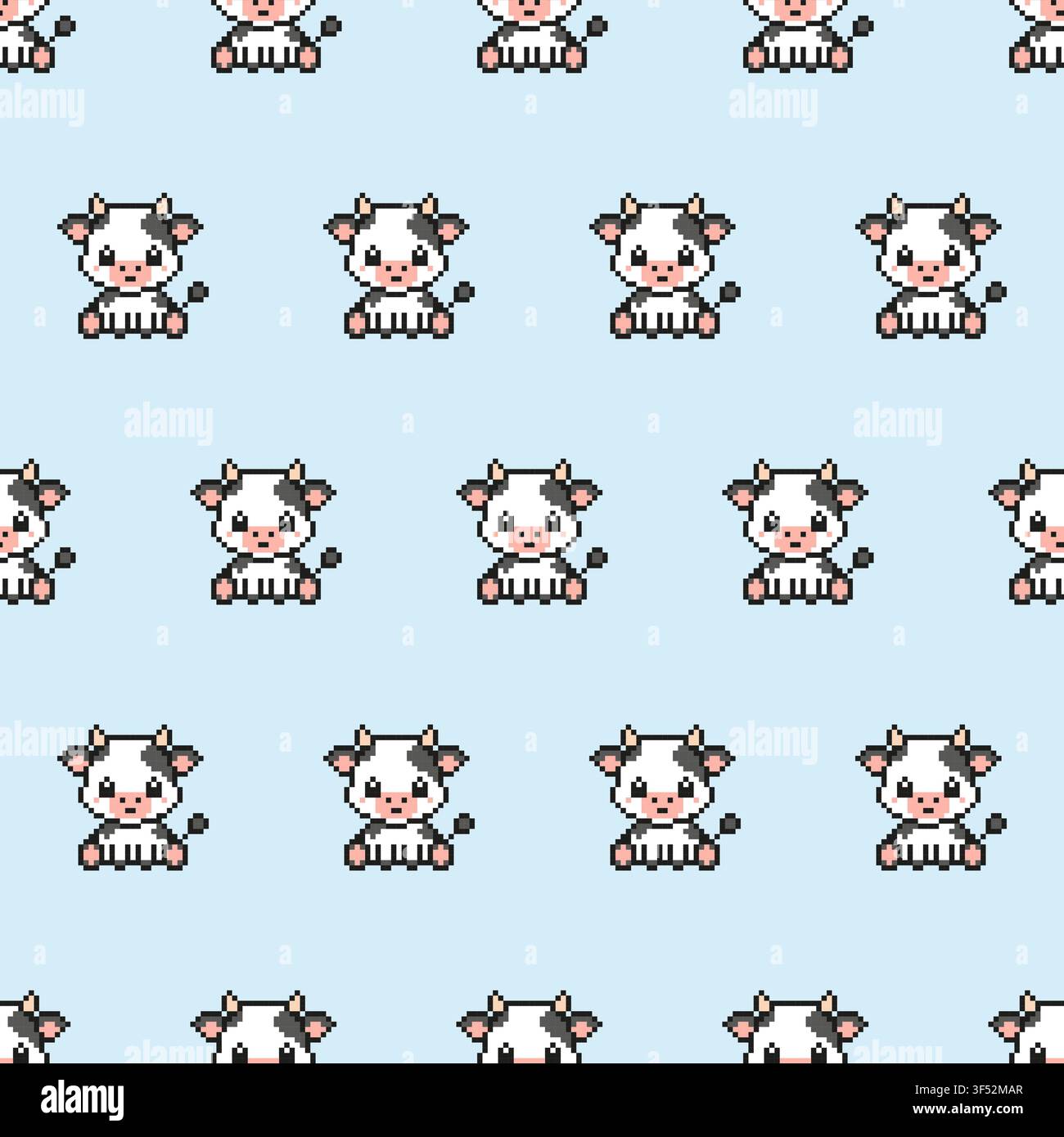 Seamless pixel art cute cow pattern on a blue background. Stock Vector