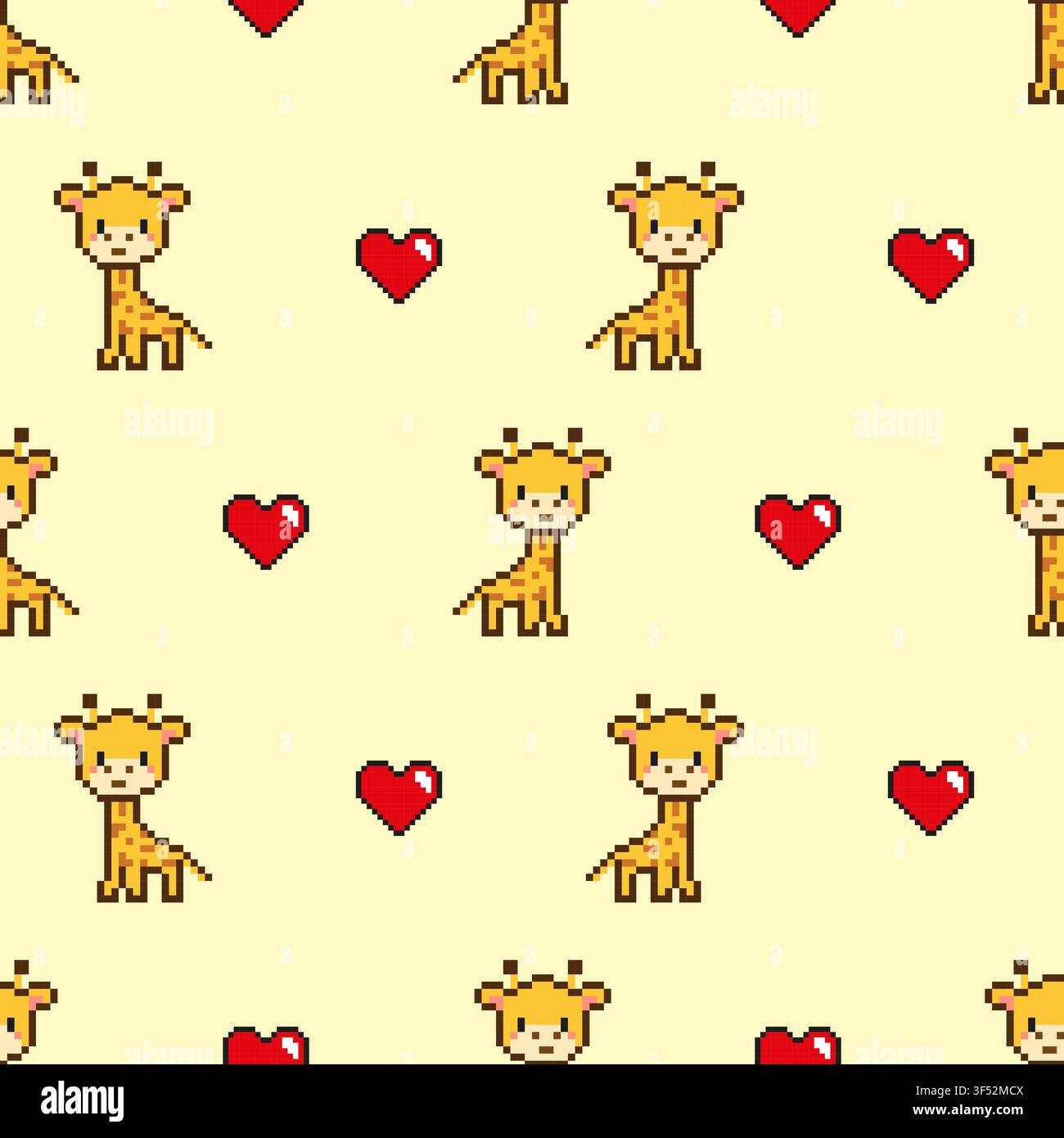 Seamless pixel art giraffe with hearts pattern on yellow background. Stock Vector