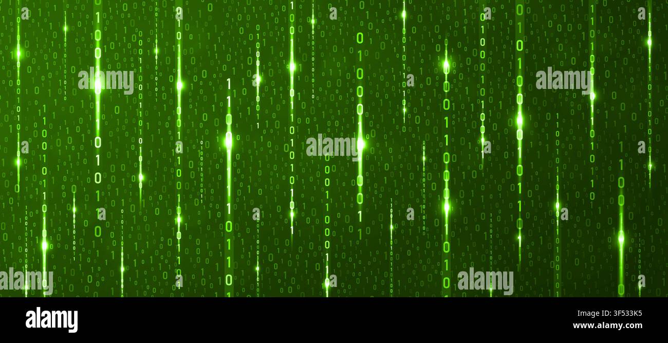 Binary rain green cyber background. Matrix style futuristic high-tech backdrop. Technology computer numbers network pattern. Futuristic programming vi Stock Vector