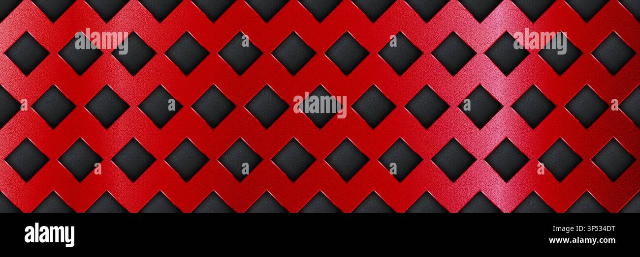 Red seamless perforated metal sheet realistic texture. Metal chrome grill plate with rhombus holes. Modern design carbon radiator bg. Macro speaker ra Stock Vector