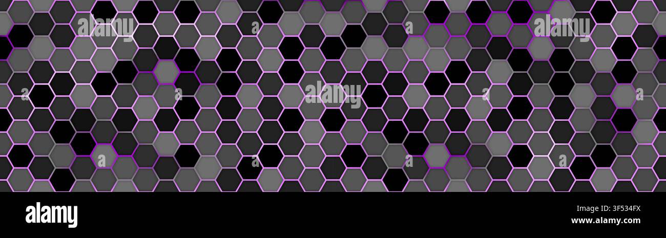Hexagonal wide cyberpunk pink technology background. Bright geometric science pattern with glowing hexagons cells. Abstract grid science pattern. Vect Stock Vector