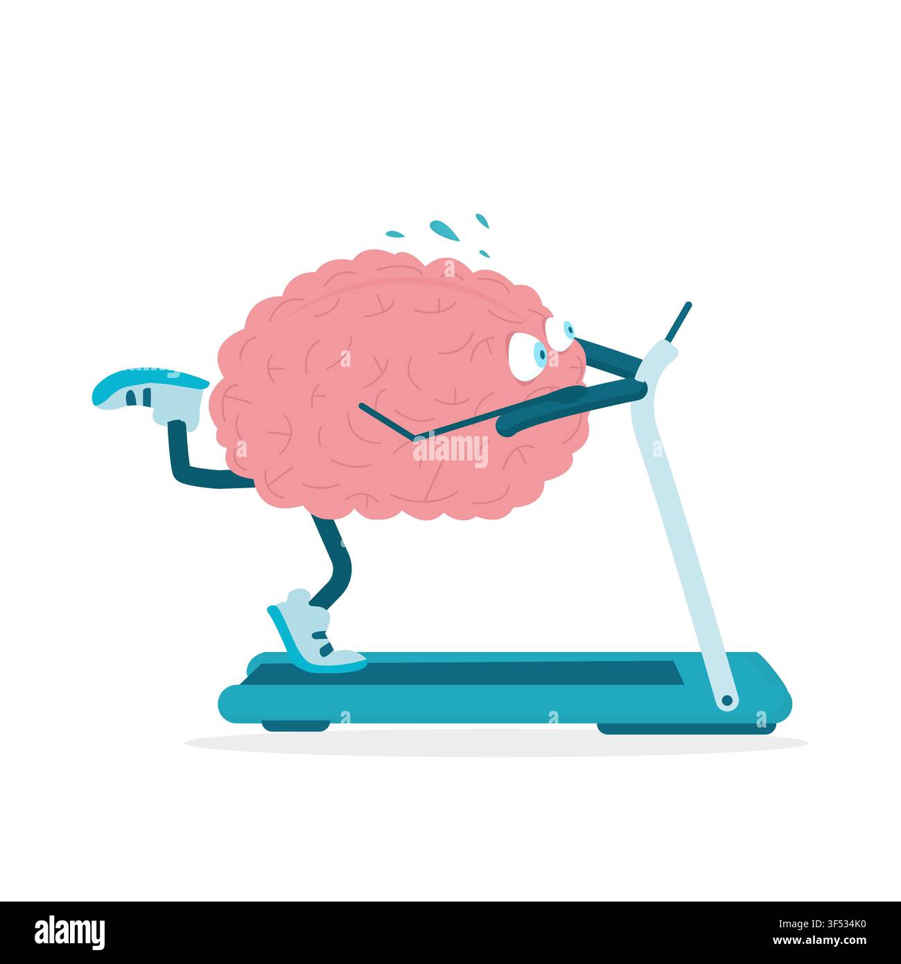 Overworked Brain Training Running On Treadmill On White Background, Illustration Stock Vector
