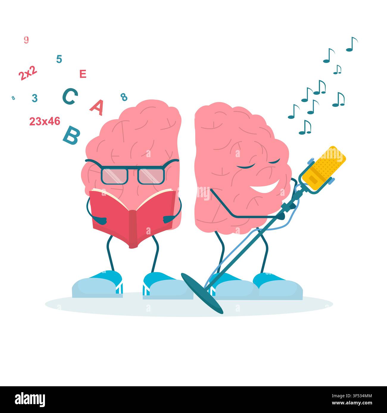 Brain Functions Illustration With Left And Right Hemispheres, White Background Stock Vector