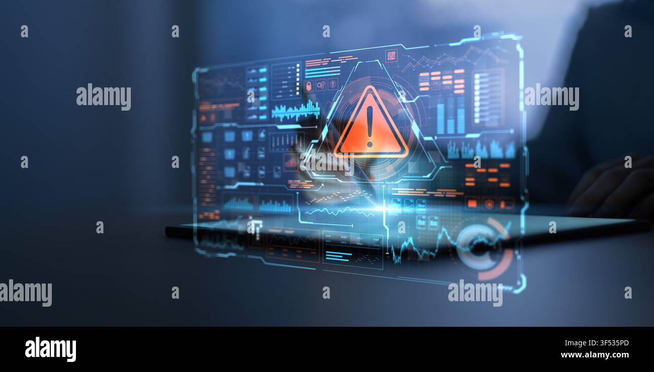 Cybersecurity risk management system for enterprise data protection with warning alert interface Stock Photo