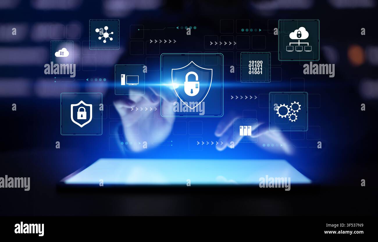 Cybersecurity risk management system for enterprise data protection with cloud and network security features Stock Photo