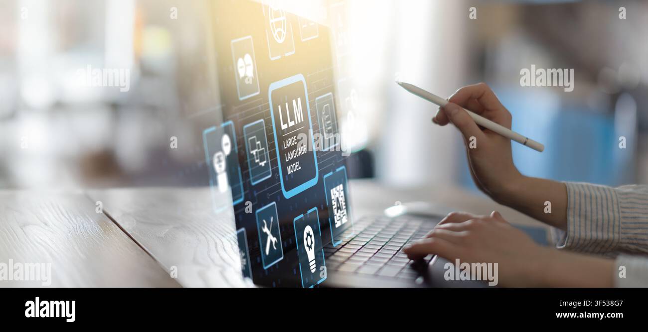 LLM large language model platform for AI text generation and natural language processing with hand interaction on laptop Stock Photo