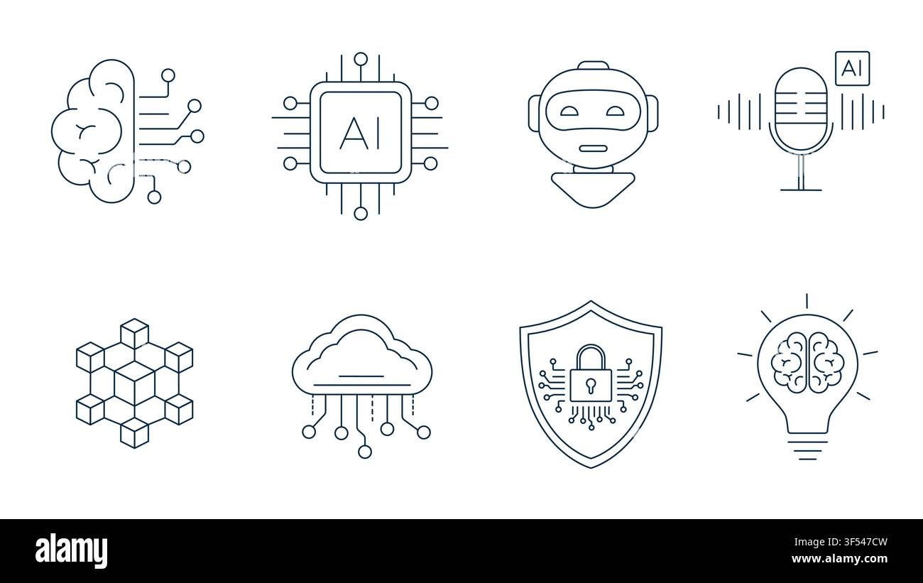 Modern artificial intelligence and machine learning line icon set featuring AI brain, neural processor, chatbot, voice assistant, blockchain network, Stock Vector