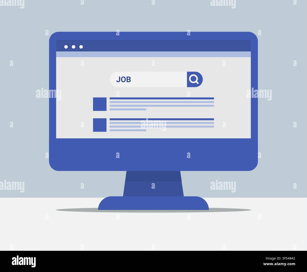 Computer With Job Search Webpage On Screen, Blue Background, Illustration Stock Vector