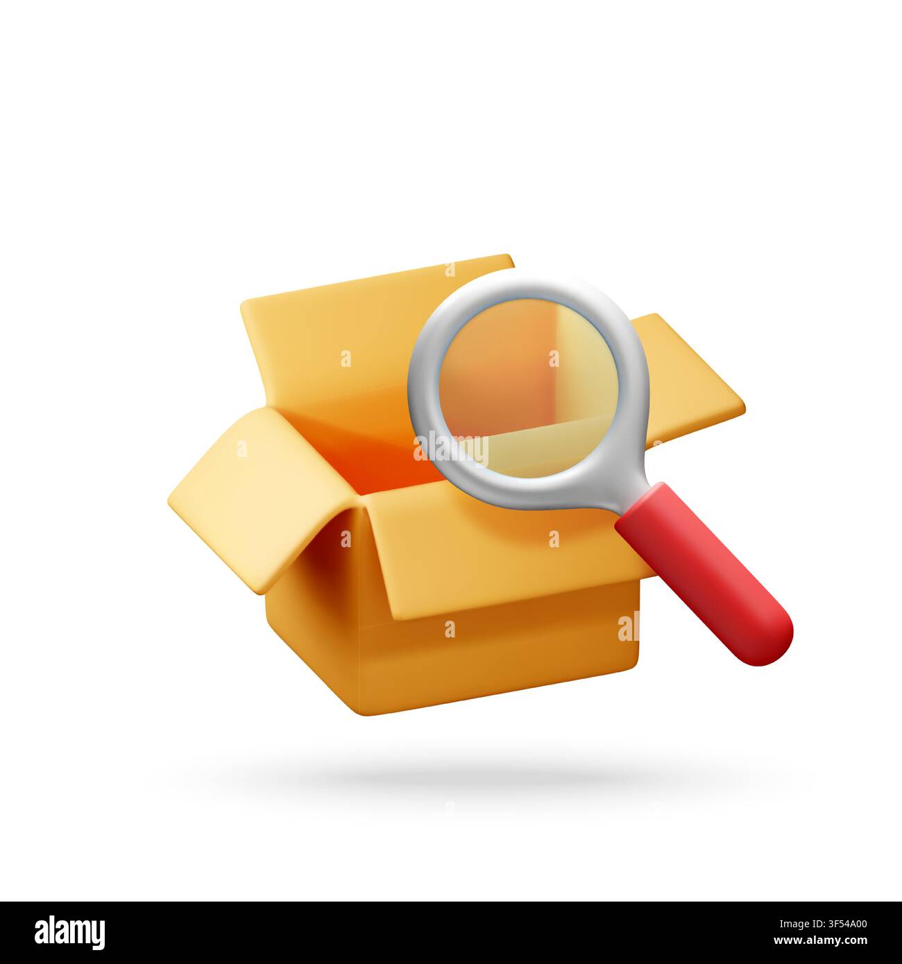 3D Open cardboard box with magnifying glass. Stock Vector