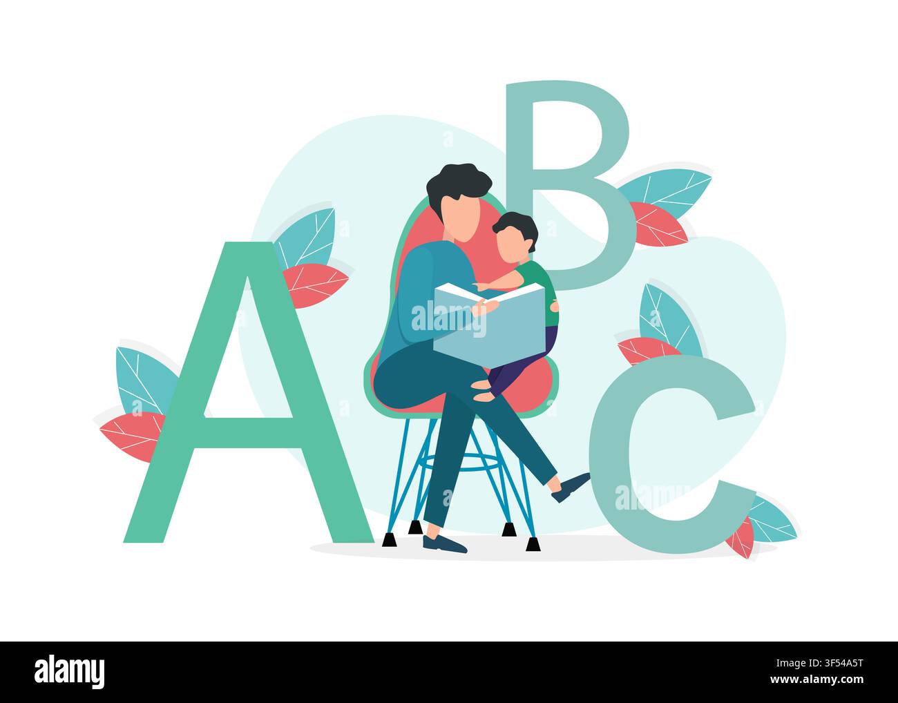 Flat vector illustration with dad teaching his kid to read on white background Stock Vector