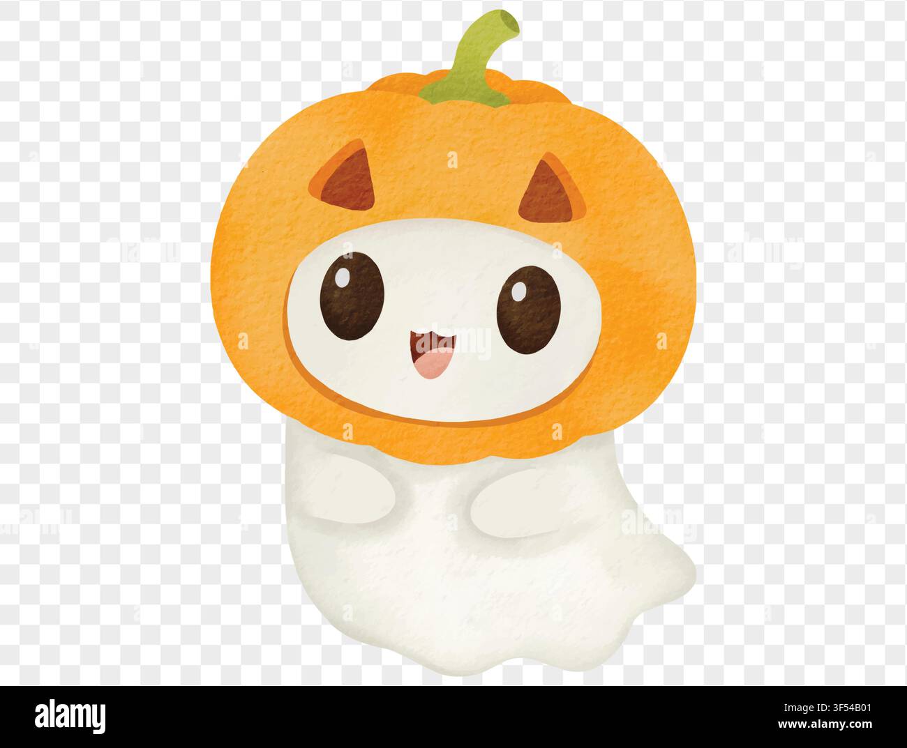 Cute ghost with pumpkin head, watercolor Halloween vector. Stock Vector