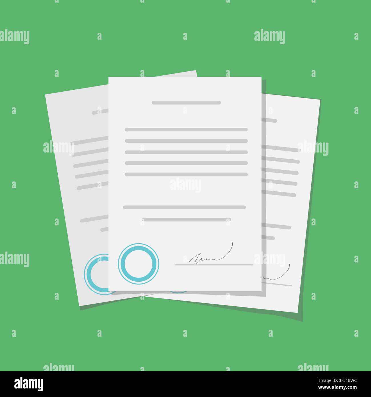 Vector Illustration For Signed Contract Or Document With Stamp Over Green Background Stock Vector