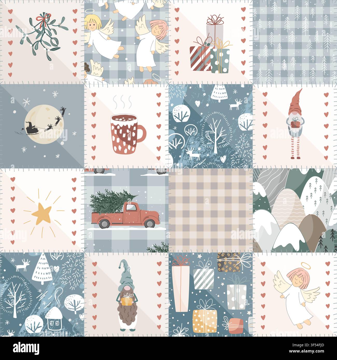 Christmas Patchwork Quilt Seamless Doodle Pattern with Stylized Sews. Rustic Winter Patch Duvet Design. Vector background Stock Vector