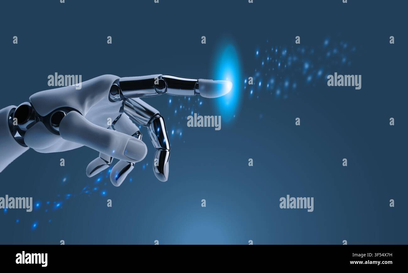 Hand robot technology pointing finger touchscreen future blue element digital automation machine button artificial intelligence business copy space sc Stock Photo