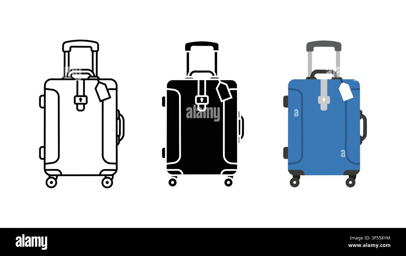 Travel suitcase luggage icon set outline silhouette and color vector isolated on white background Stock Vector