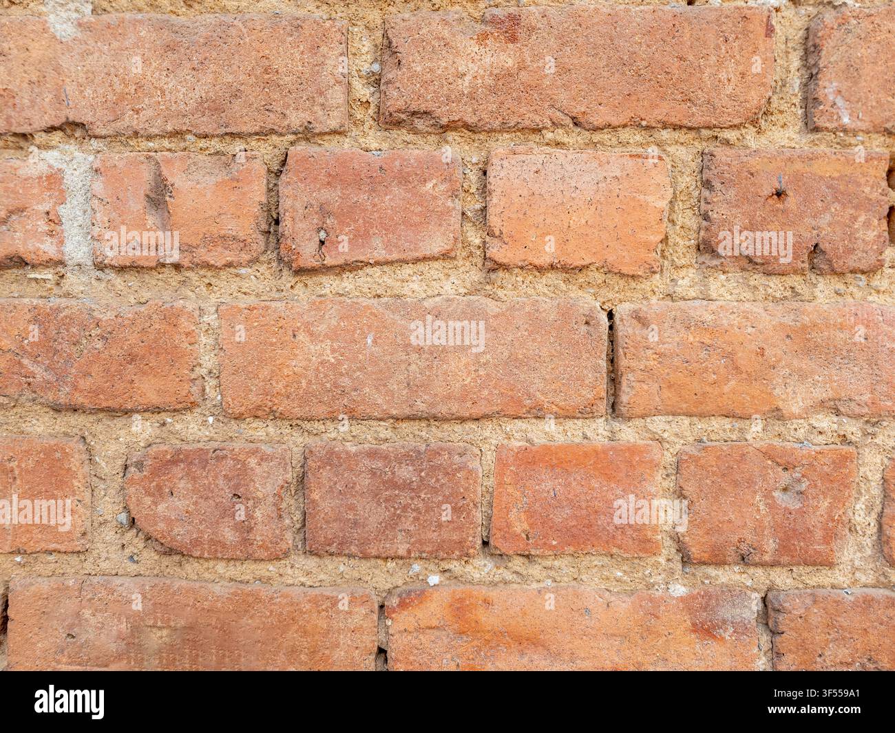 Brick wall features a textured pattern, displaying the individual reddish brown bricks joined by mortar, creating a rustic background Stock Photo