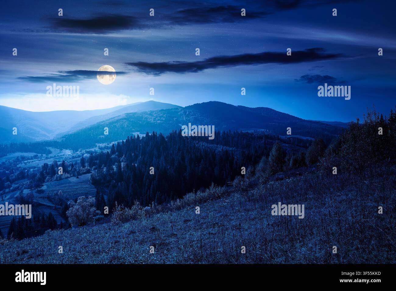 countryside mountain landscape in autumn. weathered grassy field on a hill near forest. rural night background. alpine highland of ukraine in full moo Stock Photo