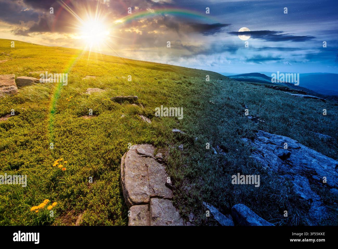 carpathian mountain landscape on summer solstice. day meet night. nice view of a grassy alpine meadow. sun and moon harmony over rock and herbs on the Stock Photo