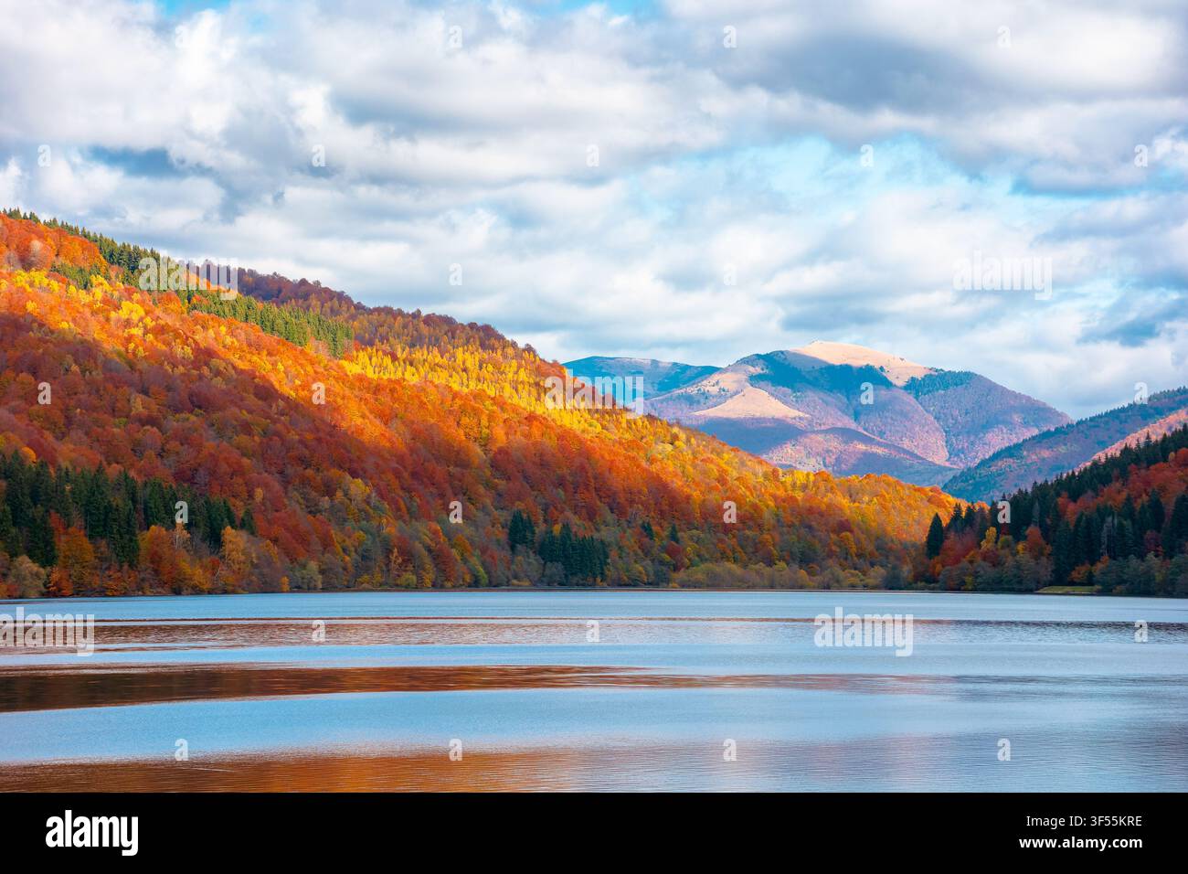 landscape with lake in autumn. scenic view of forest reflection on the lake surface. rika river water reserve. transcarpathia in fall season Stock Photo