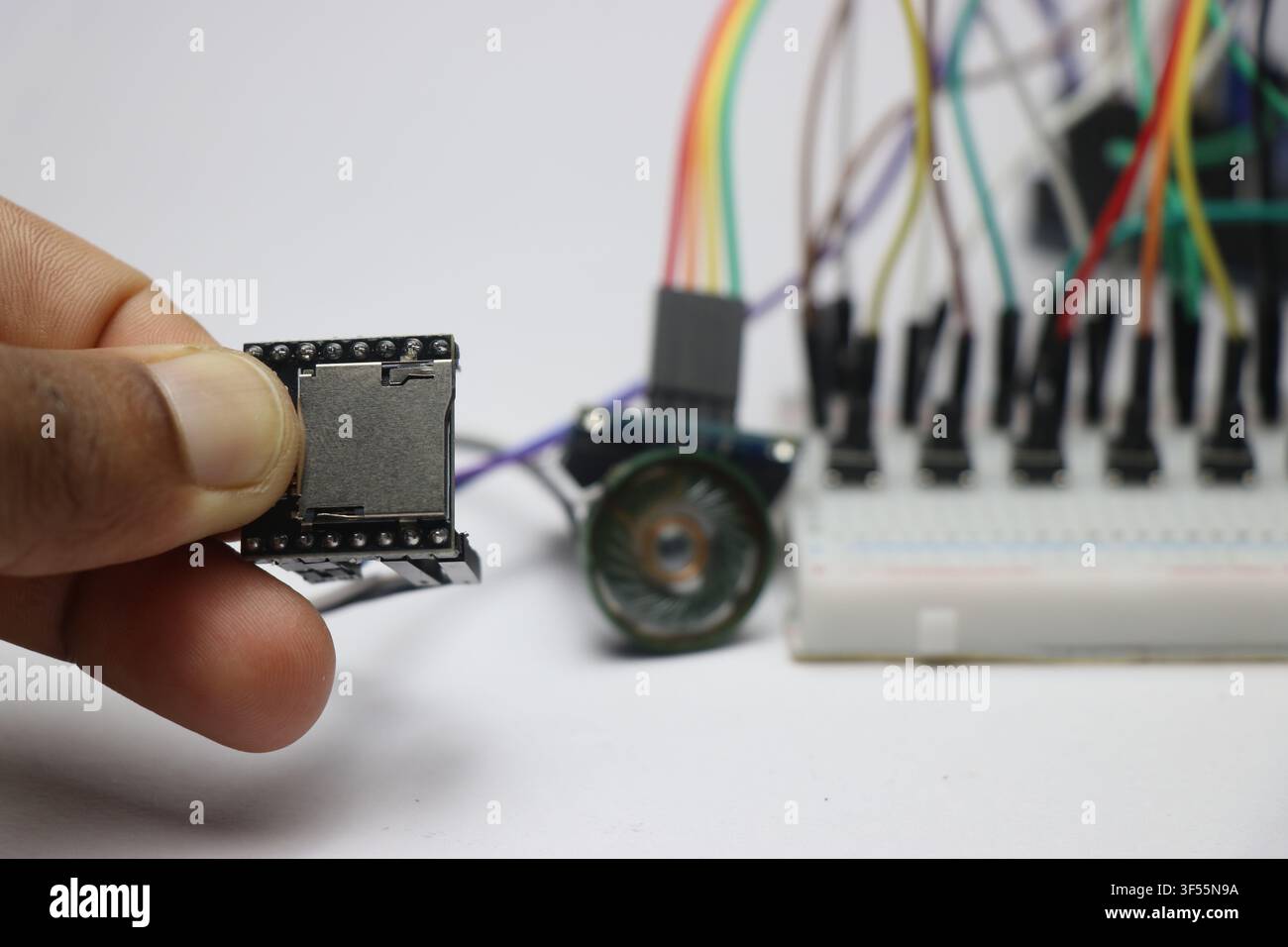 Sound module connected to breadboard circuit prototype Stock Photo