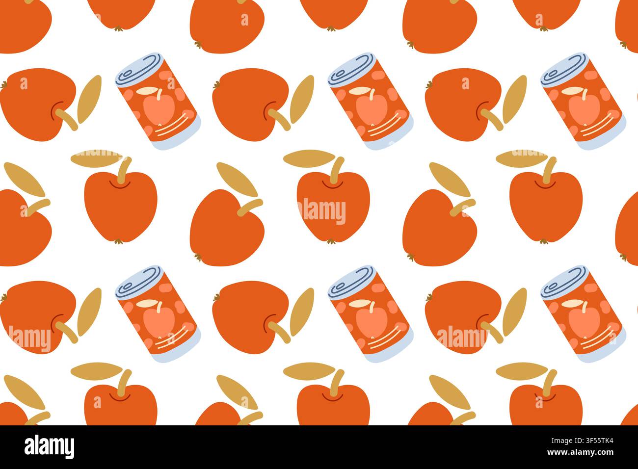 Seamless pattern with apple and apple drink in tin can. Fresh fruity repeat design. Vector illustration for juice packaging Stock Vector