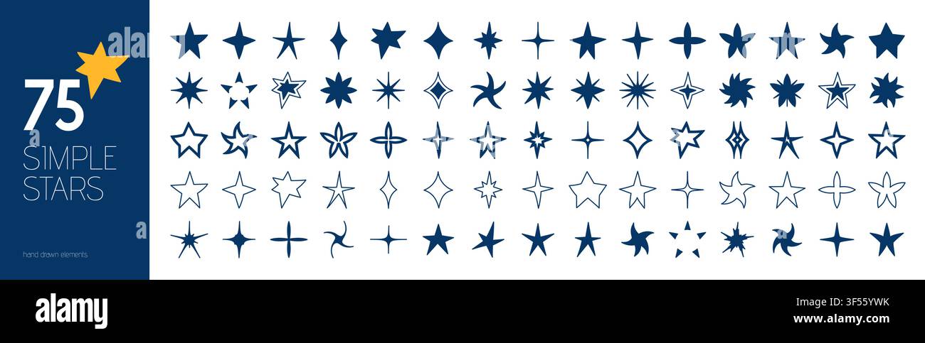 Pack with 75 abstract simple shape star element. Vector sparkling icons. Stock Vector